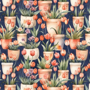 Potted Red Tulip Plants Watercolor on Blue