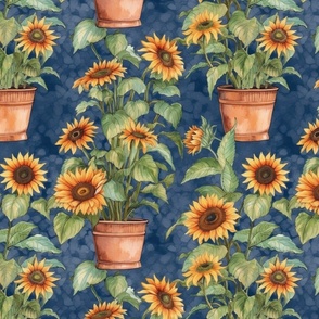 Potted Yellow Sunflower Plants Watercolor on Blue