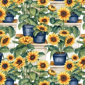 Potted Yellow Sunflower Plants Watercolor