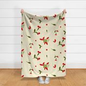 Red and Green Flowers and Leaves on Cream Background Scatter