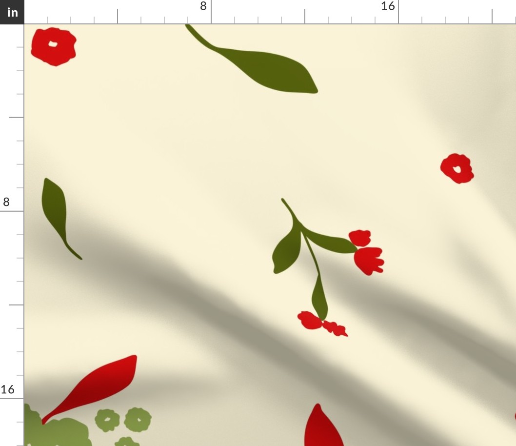Red and Green Flowers and Leaves on Cream Background Scatter