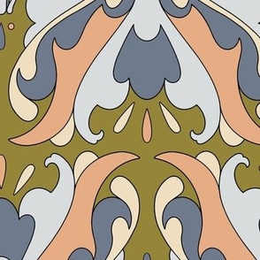 Abstract Art Nouveau Pattern - Vintage-Inspired in Blue,  Pink & Cream on Moss Green  // Larger Scale