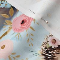 Little Sprouts & Fuzzy Snouts - Pink-Flowers on Pale Blue Wallpaper 