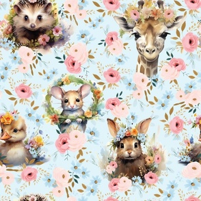 Little Sprouts & Fuzzy Snouts - Pink-Flowers on Pale Blue Wallpaper 