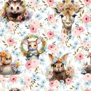 Little Sprouts & Fuzzy Snouts - Pink-Flowers on White Wallpaper 
