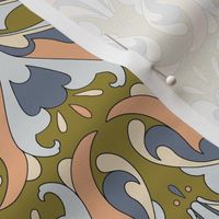 Abstract Art Nouveau Pattern - Vintage-Inspired in Blue,  Pink & Cream on Moss Green  // Medium Scale