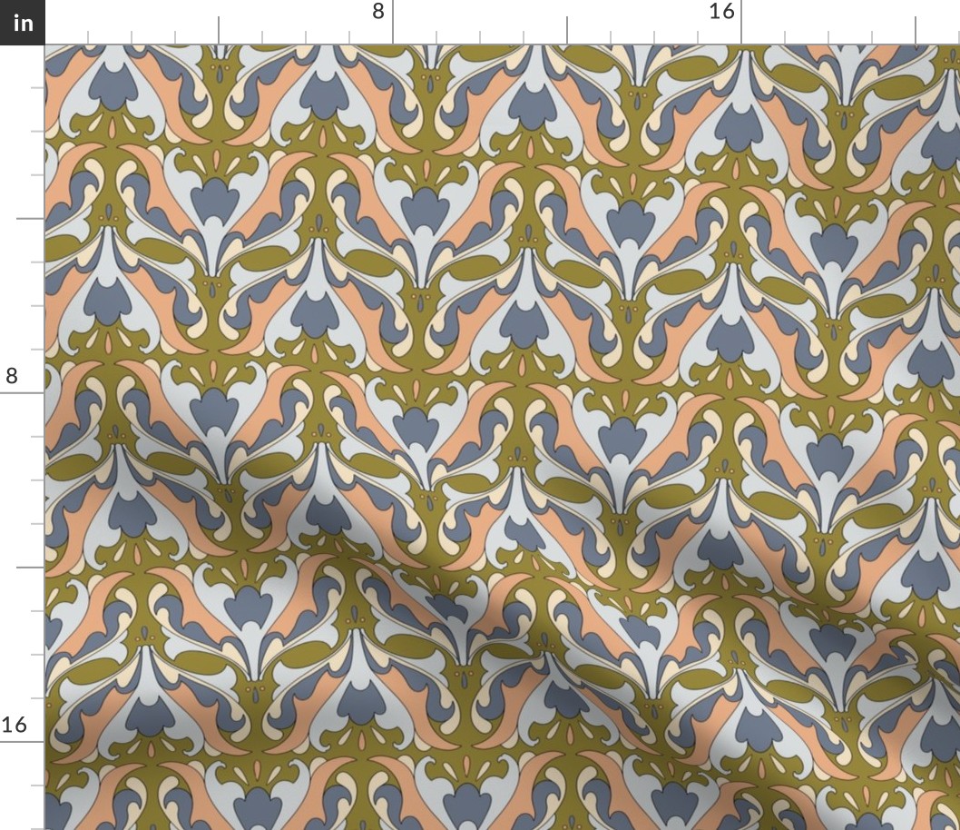 Abstract Art Nouveau Pattern - Vintage-Inspired in Blue,  Pink & Cream on Moss Green  // Medium Scale