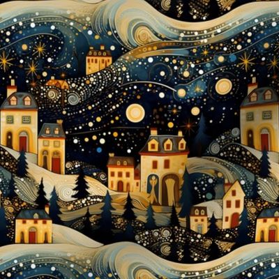 Gold and Blue Christmas Village I