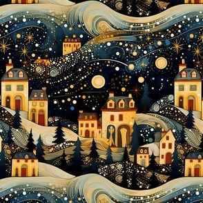 Gold and Blue Christmas Village I