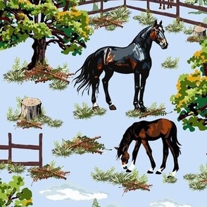 Horses and Ponies Brown Black Chestnut Pony Grazing, Pine Tree Forest Woodland Scene on Blue (Medium Scale)