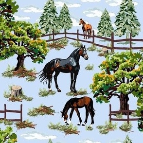 Equestrian Horse and Pony Lover, Chestnut Pony Grazing, Pine Tree Forest Woodland Scene on Blue (Small Scale)