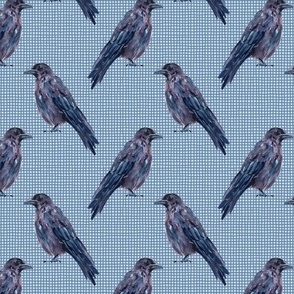 Watercolor Ravens/Crows on Checks - Greyish Blue, Purple, Blue Gray on Light Blue - Small Scale