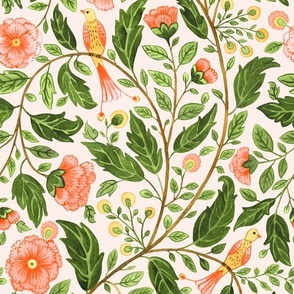 Indian floral, birds and flowers trailing floral watercolor grandmillennial in peach, green, yellow on light apricot
