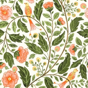 Indian Floral swirl with birds and foliage arts and crafts Indie seamless pattern in orange, green, yellow on natural white