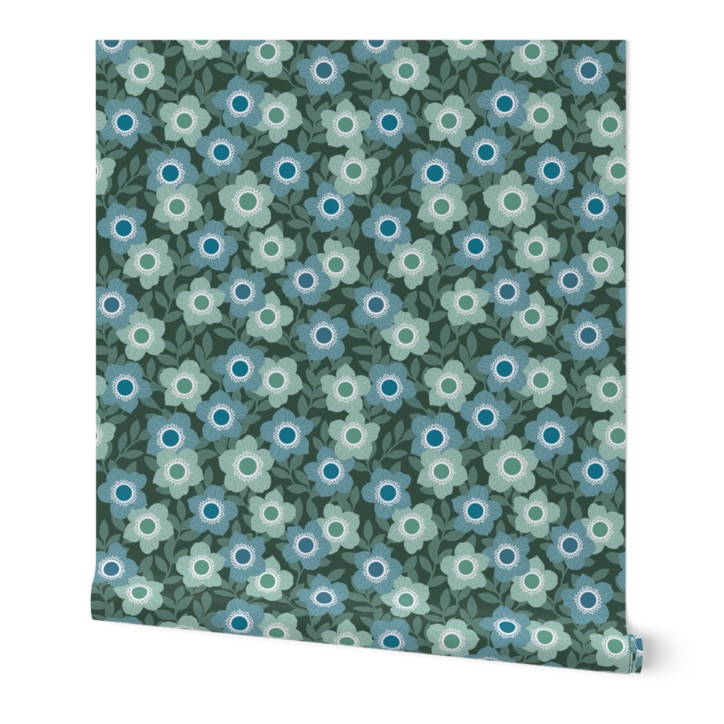 Retro Flowers - Blues, Greens, Medium Scale