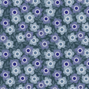 Retro Flowers - Purple, Violet, Blue, Navy, Medium Scale,