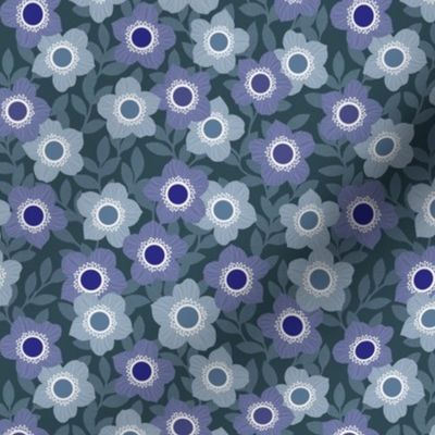 Retro Flowers - Purple, Violet, Blue, Navy  (Small Scale)