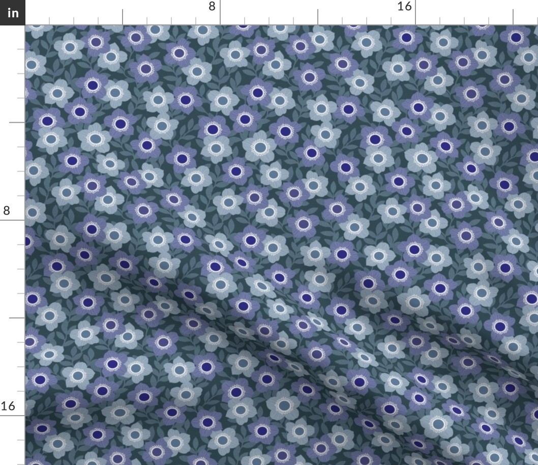 Retro Flowers - Purple, Violet, Blue, Navy  (Small Scale)