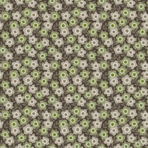 Retro Flowers - Green, Brown, Natural, Beige, Small Scale