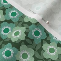 Retro Flowers - Green, Mint, Khaki, Turquoise, Small Scale