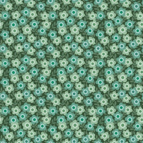 Retro Flowers - Green, Mint, Khaki, Turquoise, Small Scale