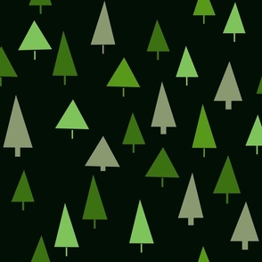  Retro Woodland Trees Greens on Dark Green - Geometric Forest