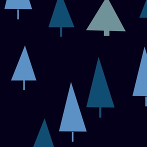 Woodland Trees Blues on Dark Blue Geometric Forest