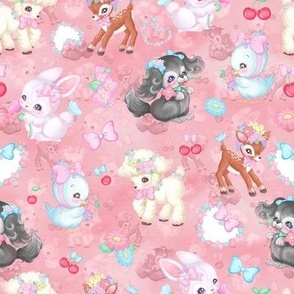 Baby Nursery Animals on Pink! Lamb Duck Deer Doggie Rabbit Bird