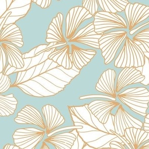 Gilded Hibiscus - Pastel Aqua Mint Blue and Gold - medium