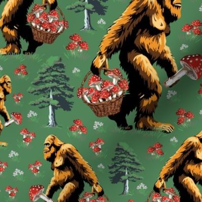 Fun Sasquatch Mythical Creature Foraging Red and White Toadstool Mushroom, Whimsical Humorous Bigfoot Yeti Monster, Mythical Cryptid Creature in Pine Forest, Outdoor Fun with Sasquatch, Yeti Hide-and-Seek Adventures, Sasquatch Explorers Club, Kids Bigfoot