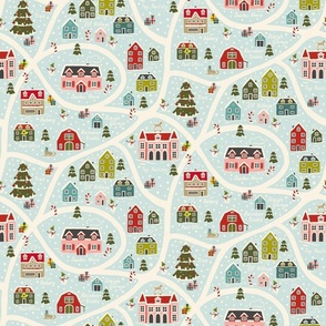 (m) north pole map - christmas holiday village - xmas furoshiki retro colors