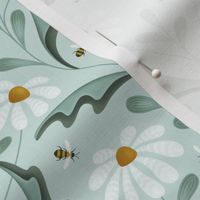 (s) delicate and airy bees and daisies, floral soft and light folk art bedding sage sea glass bee