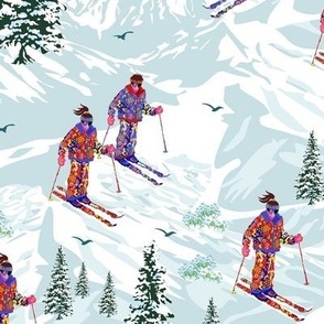 Snowy Mountain Slopes, Snow Sports Skiing Ski Field Skiers, 80s Retro Snow Salopettes Suit (Medium Scale)