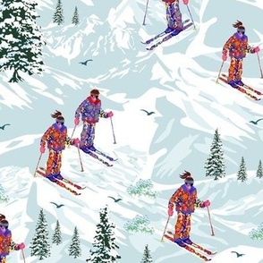Vintage Ski Snow Sports Skiing Field Skiers, Snowy Mountains Slopes, 80s Retro Snow Salopettes Suit (Small Scale)