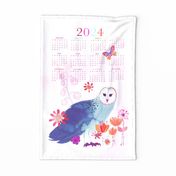 Hand -painted Blue Ink Owl 2024 Calendar Tea Towel Wall Hanging