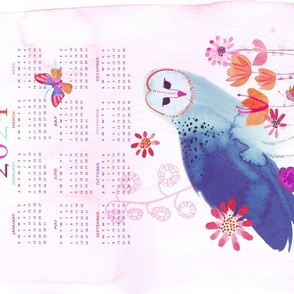 Hand -painted Blue Ink Owl 2024 Calendar Tea Towel Wall Hanging