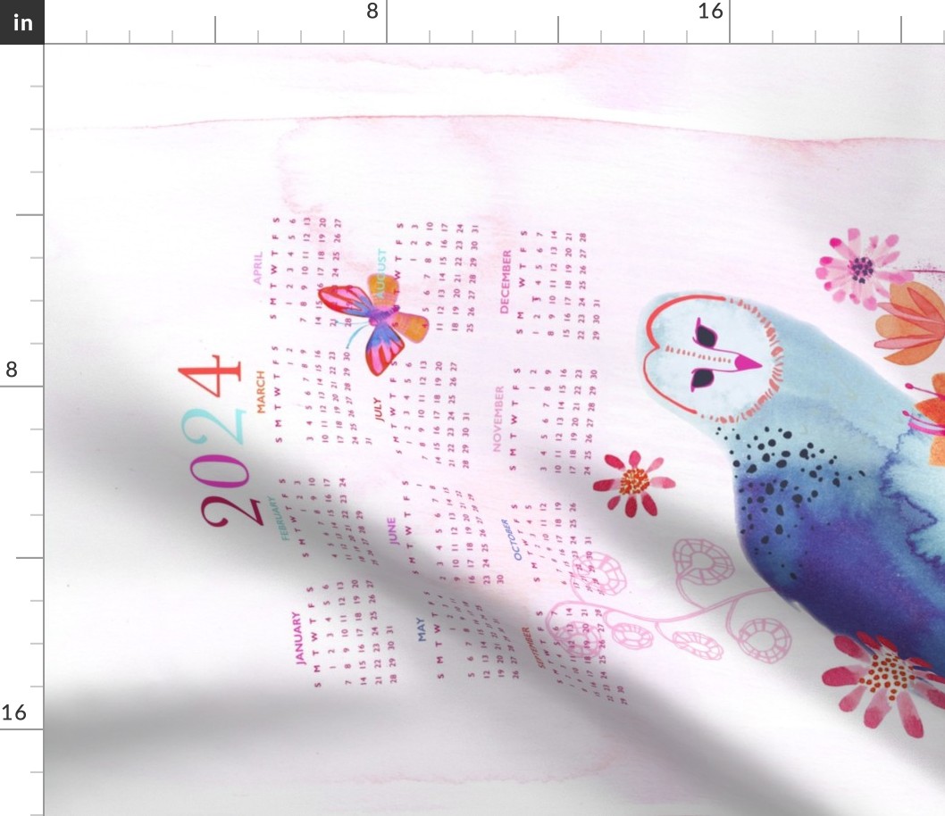 Hand -painted Blue Ink Owl 2024 Calendar Tea Towel Wall Hanging