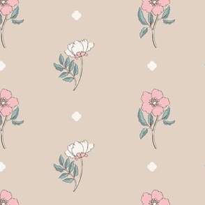 Pink and White Petit Flowers, Light Brown background, Bigger scale