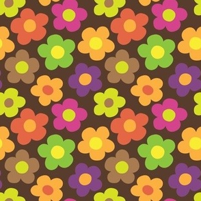 Small scale / Hippy Flowers / In bright pink, purple, orange and green on a chocolate brown ground