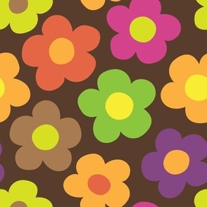 Medium scale / Hippy Flowers / In bright pink, purple, orange and green on a chocolate brown ground