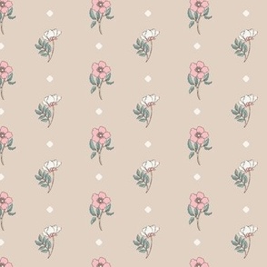 Pink and White Petit Flowers, Light Brown background, Smaller scale