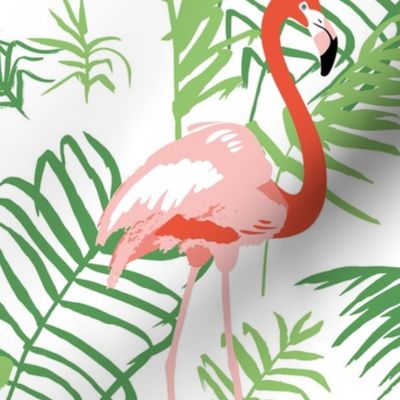 Flamingos and leaves of the palm tree