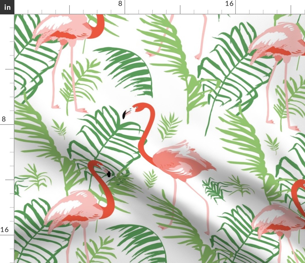 Flamingos and leaves of the palm tree
