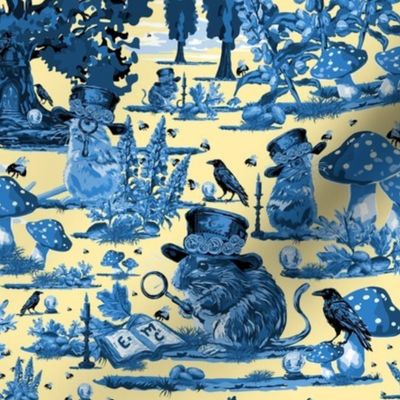 Cute Steampunk Bees Mice Black Birds Crystal Balls and Lupin Flowers Toile De Jouy Blue on Yellow (Small Scale)