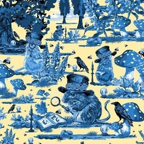 Cute Steampunk Bees Mice Black Birds Crystal Balls and Lupin Flowers Toile De Jouy Blue on Yellow (Small Scale)