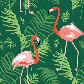 Flamingos and leaves of the palm tree