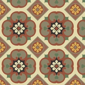 Browny flowers on tiles, retro vintage inspiration for floors with muted earthy colours. Medium 8 inches.