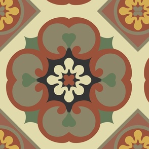 Browny flowers on tiles, retro vintage inspiration for floors with muted earthy colours. Large 16 inches.