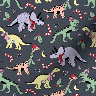 Seasonal Dino friends - Christmas dinosaurs with candy canes scarfs bobble hats and santa hats nineties retro palette lilac mint yellow on charcoal