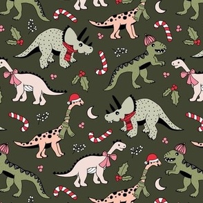 Seasonal Dino friends - Christmas dinosaurs with candy canes scarfs bobble hats and santa hats vintage green beige red palette